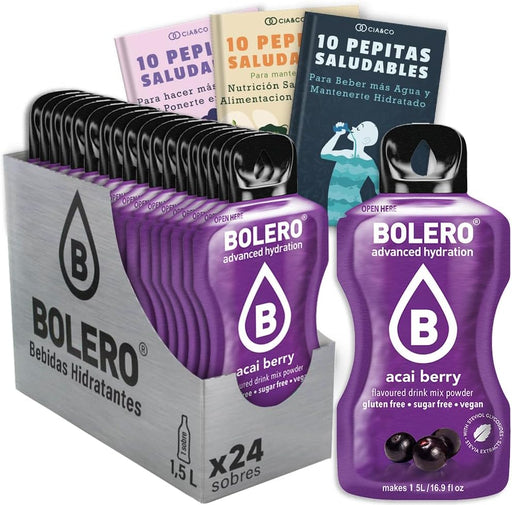 Bebida Bolero sabor Bayas de Acai, Pack 24 sobres (24x9g). Bebida en polvo sin azúcar con el exótico sabor del superalimento acai, con Vitamina C y Stevia. Cia&Co - frontal