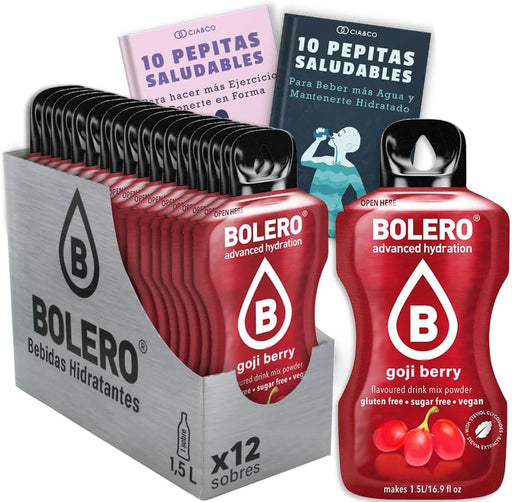 Bebida Bolero sabor Bayas de Goji, Pack 12 sobres (12x9 grs). Hidratación sin azúcar con el sabor exótico del goji, con Stevia y Vitamina C. Cia&Co - frontal