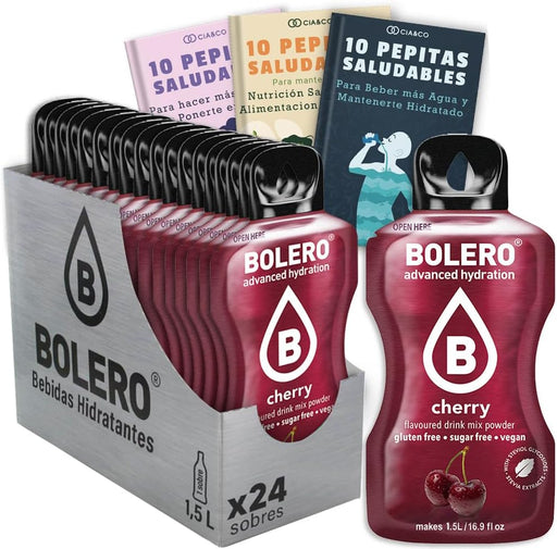 Bebida Bolero sabor Cereza, Pack 24 sobres (24x9g). Bebida en polvo sin azúcar con el sabor dulce y profundo de la cereza, enriquecida con Vitamina C y Stevia. Cia&Co - frontal