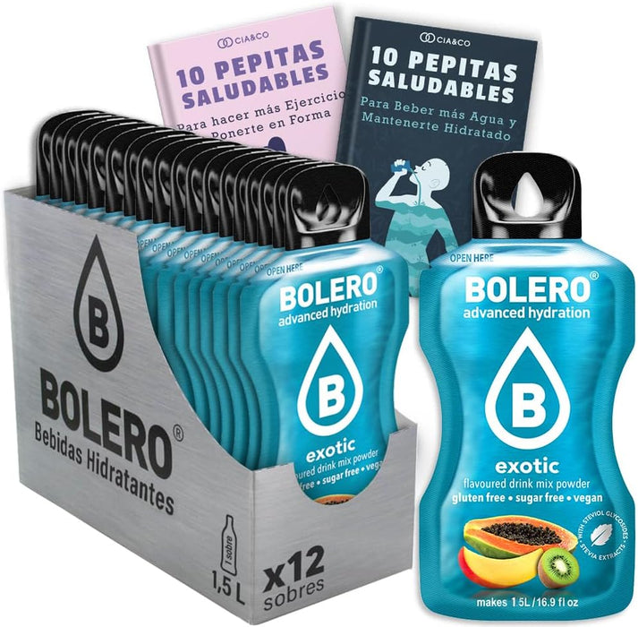 Bebida Bolero sabor Exótico, Pack 12 sobres (12x9 grs). Bebida en polvo para una hidratación saludable con una mezcla de frutas tropicales, sin azúcar y con Vitamina C. Cia&Co - frontal