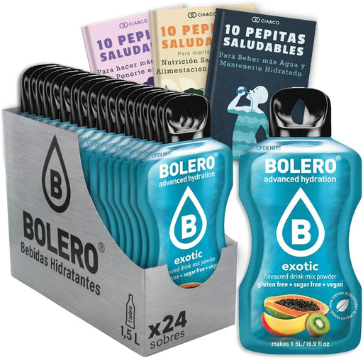 Bebida Bolero sabor Exótico, Pack 24 sobres (24x9g). Bebida en polvo sin azúcar con una deliciosa mezcla de frutas tropicales, enriquecida con Vitamina C y Stevia. Cia&Co - frontal