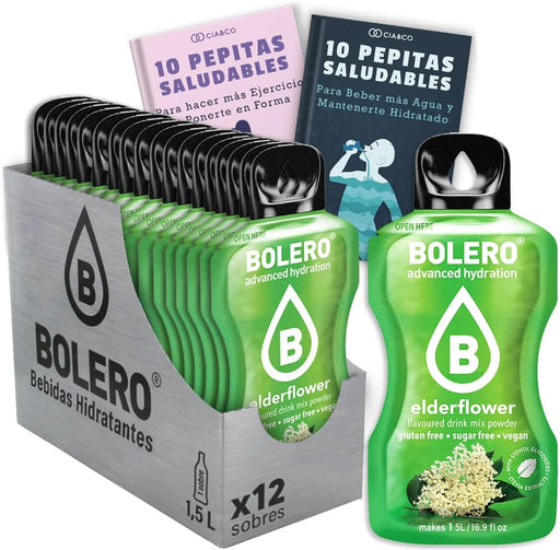 Bebida Bolero sabor Flor de Saúco, Pack 12 sobres (12x9 grs). Hidratación sin azúcar con un sabor floral y delicado, con Stevia y Vitamina C. Cia&Co - frontal