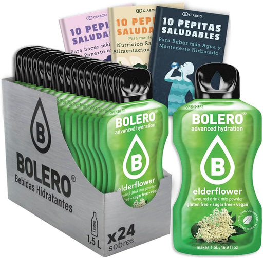 Bebida Bolero sabor Flor de Saúco, Pack 24 sobres (24x9g). Bebida en polvo sin azúcar con el sabor floral y delicado del saúco, rica en Vitamina C y Stevia. Cia&Co - frontal
