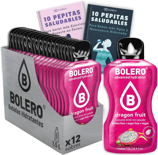 Bebida Bolero sabor Fruta del Dragón, Pack 12 sobres (12x9 grs). Hidratación sin azúcar con el sabor exótico de la pitahaya, con Stevia y Vitamina C. Cia&Co - frontal