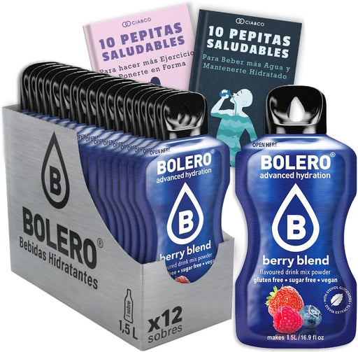 Bebida Bolero sabor Frutos Rojos, Pack 12 sobres (12x9 grs). Bebida en polvo para una hidratación saludable con sabor a bayas del bosque, sin azúcar y con Vitamina C. Cia&Co - frontal