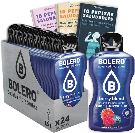 Bebida Bolero sabor Frutos Rojos, Pack 24 sobres (24x9g). Bebida en polvo sin azúcar con una mezcla de bayas, enriquecida con Vitamina C y Stevia. Cia&Co - frontal