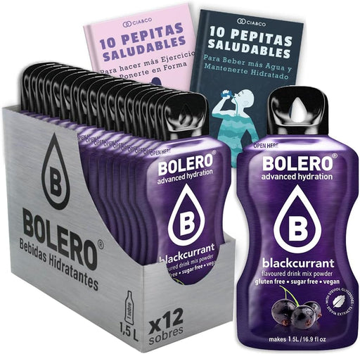 Bebida Bolero sabor Grosella Negra, Pack 12 sobres (12x9g). Bebida en polvo para una hidratación saludable y deliciosa sin azúcar, con Stevia y Vitamina C. Cia&Co - frontal
