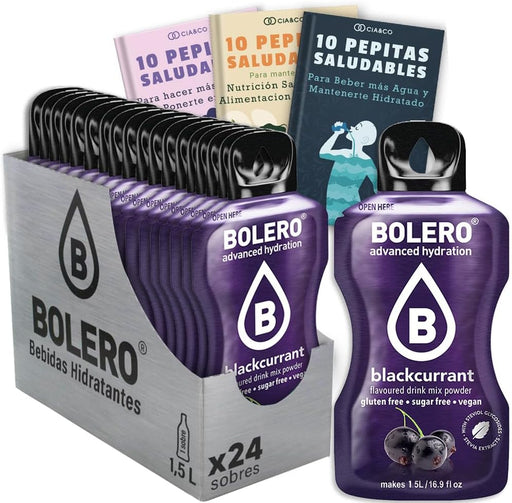 Bebida Bolero sabor Grosella Negra, Pack 24 sobres (24x9g). Bebida en polvo sin azúcar, rica en Vitamina C y con Stevia para una hidratación saludable y llena de sabor. Cia&Co - frontal