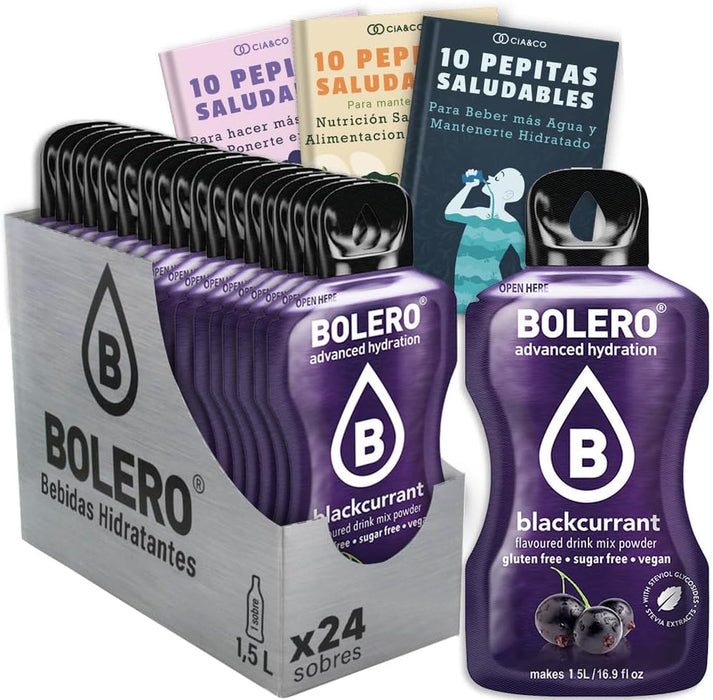 Bebida Bolero sabor Grosella Negra, Pack 24 sobres (24x9g). Bebida en polvo sin azúcar, rica en Vitamina C y con Stevia para una hidratación saludable y llena de sabor. Cia&Co - frontal
