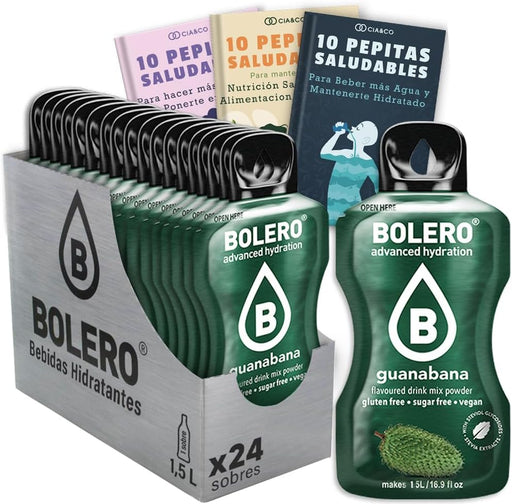 Bebida Bolero sabor Guanábana, Pack 24 sobres (24x9g). Bebida en polvo sin azúcar con el sabor tropical y cremoso de la guanábana, con Vitamina C y Stevia. Cia&Co - frontal