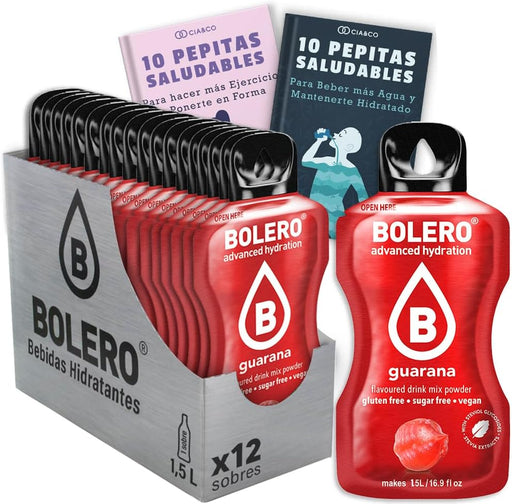 Bebida Bolero sabor Guaraná, Pack 12 sobres (12x9 grs). Hidratación sin azúcar con el sabor exótico y revitalizante del guaraná, con Stevia y Vitamina C. Cia&Co - frontal