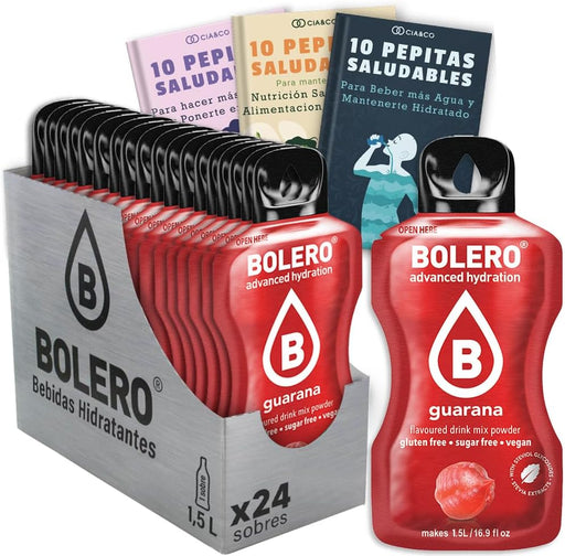 Bebida Bolero sabor Guaraná, Pack 24 sobres (24x9g). Bebida en polvo sin azúcar con el sabor exótico del guaraná, enriquecida con Vitamina C y Stevia. Cia&Co - frontal