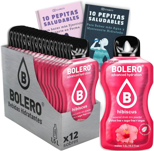 Bebida Bolero sabor Hibisco, Pack 12 sobres (12x9 grs). Bebida en polvo para una hidratación saludable con un sabor floral y refrescante, sin azúcar y con Vitamina C. Cia&Co - frontal