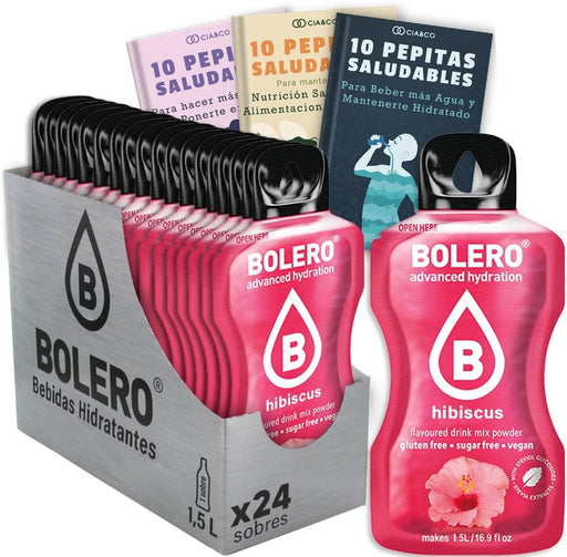 Bebida Bolero sabor Hibisco, Pack 24 sobres (24x9g). Bebida en polvo sin azúcar con el sabor floral y refrescante del hibisco, rica en Vitamina C y Stevia. Cia&Co - frontal