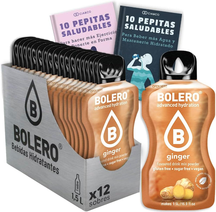 Bebida Bolero sabor Jengibre, Pack 12 sobres (12x9 grs). Bebida en polvo para una hidratación saludable con un sabor picante y aromático, sin azúcar y con Vitamina C. Cia&Co - frontal