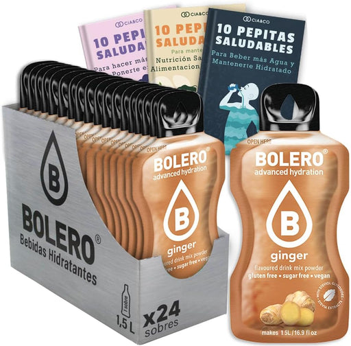 Bebida Bolero sabor Jengibre, Pack 24 sobres (24x9g). Bebida en polvo sin azúcar con el sabor picante y aromático del jengibre, rica en Vitamina C y Stevia. Cia&Co - frontal