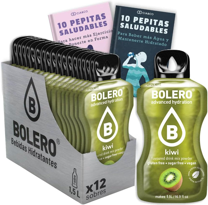 Bebida Bolero sabor Kiwi, Pack 12 sobres (12x9 grs). Hidratación sin azúcar con el sabor tropical del kiwi, enriquecida con Vitamina C y Stevia. Cia&Co - frontal