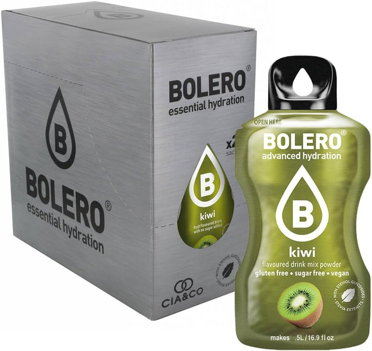 Bebida Bolero sabor Kiwi, Pack 24 sobres (24x9g). Bebida en polvo sin azúcar con el sabor tropical y refrescante del kiwi, rica en Vitamina C y Stevia. Cia&Co - extra