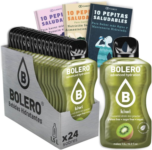Bebida Bolero sabor Kiwi, Pack 24 sobres (24x9g). Bebida en polvo sin azúcar con el sabor tropical y refrescante del kiwi, rica en Vitamina C y Stevia. Cia&Co - frontal