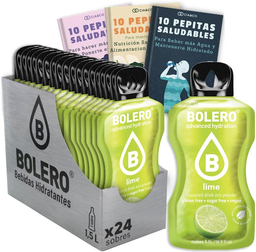 Bebida Bolero sabor Lima, Pack 24 sobres (24x9g). Bebida en polvo sin azúcar con el sabor cítrico y refrescante de la lima, rica en Vitamina C y Stevia. Cia&Co - frontal
