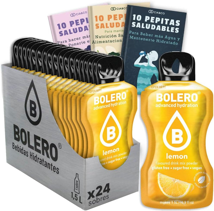Bebida Bolero sabor Limón, Pack 24 sobres (24x9g). La bebida en polvo sin azúcar más refrescante, con el sabor cítrico del limón, Vitamina C y edulcorada con Stevia. Cia&Co - frontal