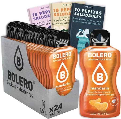 Bebida Bolero sabor Mandarina, Pack 24 sobres (24x9g). Bebida en polvo sin azúcar con un dulce sabor cítrico, enriquecida con Vitamina C y Stevia. Cia&Co - frontal