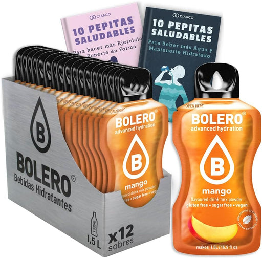 Bebida Bolero sabor Mango, Pack 12 sobres (12x9 grs). Bebida en polvo para una hidratación saludable con el dulce sabor del trópico, sin azúcar y con Vitamina C. Cia&Co - frontal