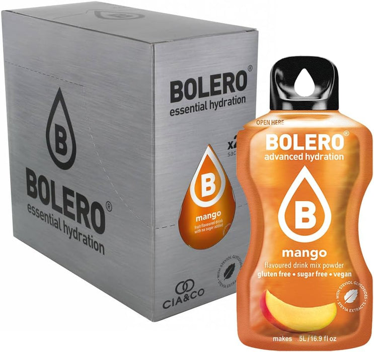 Bebida Bolero sabor Mango, Pack 24 sobres (24x9g). Bebida en polvo sin azúcar con el sabor dulce y tropical del mango, enriquecida con Vitamina C y Stevia. Cia&Co - extra