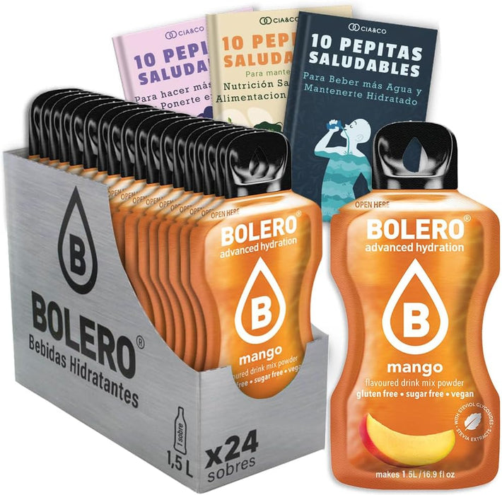 Bebida Bolero sabor Mango, Pack 24 sobres (24x9g). Bebida en polvo sin azúcar con el sabor dulce y tropical del mango, enriquecida con Vitamina C y Stevia. Cia&Co - frontal