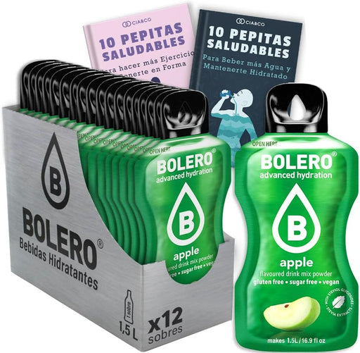 Bebida Bolero sabor Manzana, Pack 12 sobres (12x9g). La forma fácil y saludable de saborizar tu agua. Bebida instantánea sin azúcar con Stevia y Vitamina C. Cia&Co - frontal