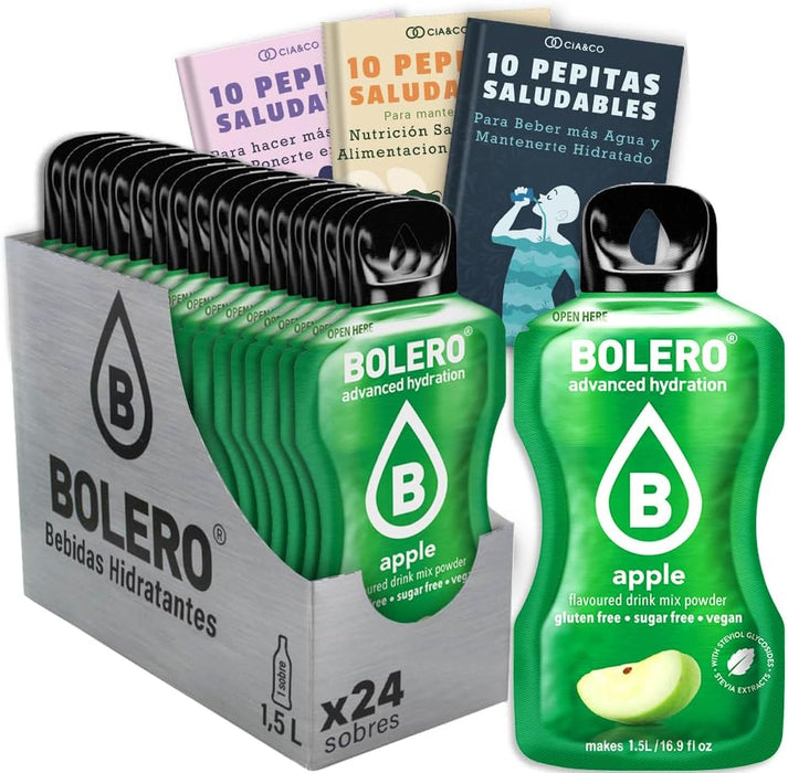 Bebida Bolero sabor Manzana, Pack 24 sobres (24x9g). Bebida instantánea sin azúcar para una hidratación deliciosa, enriquecida con Vitamina C y Stevia. Cia&Co - frontal