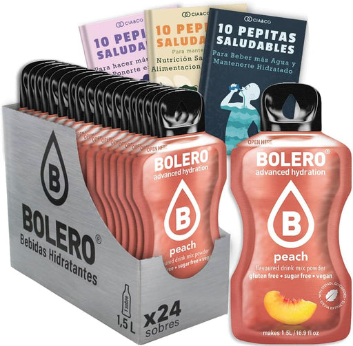 Bebida Bolero sabor Melocotón, Pack 24 sobres (24x9g). Bebida en polvo sin azúcar con el sabor dulce y aterciopelado del melocotón, rica en Vitamina C y Stevia. Cia&Co - frontal