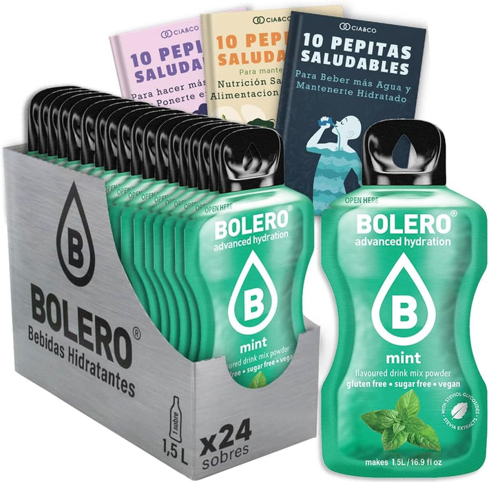 Bebida Bolero sabor Menta, Pack 24 sobres (24x9g). Bebida en polvo sin azúcar con el frescor puro de la menta, enriquecida con Vitamina C y Stevia. Cia&Co - frontal