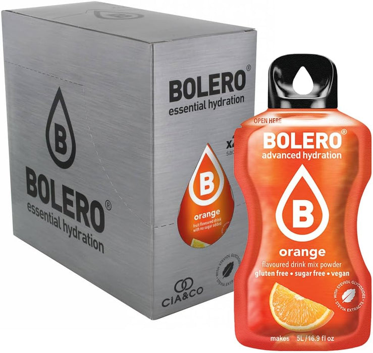 Bebida Bolero sabor Naranja, Pack 24 sobres (24x9g). Bebida en polvo sin azúcar con el sabor cítrico de siempre, enriquecida con Vitamina C y Stevia. Cia&Co - extra
