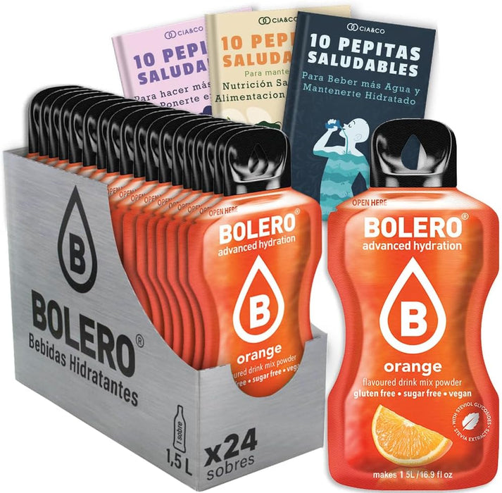 Bebida Bolero sabor Naranja, Pack 24 sobres (24x9g). Bebida en polvo sin azúcar con el sabor cítrico de siempre, enriquecida con Vitamina C y Stevia. Cia&Co - frontal