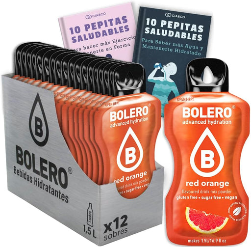 Bebida Bolero sabor Naranja Roja, Pack 12 sobres (12x9g). Hidratación saludable sin azúcar, con el sabor intenso de la naranja sanguina, Stevia y Vitamina C. Cia&Co - frontal