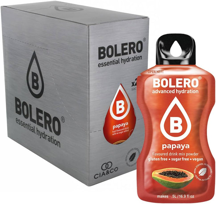 Bebida Bolero sabor Papaya, Pack 24 sobres (24x9g). Bebida en polvo sin azúcar con el sabor dulce y tropical de la papaya, enriquecida con Vitamina C y Stevia. Cia&Co - extra