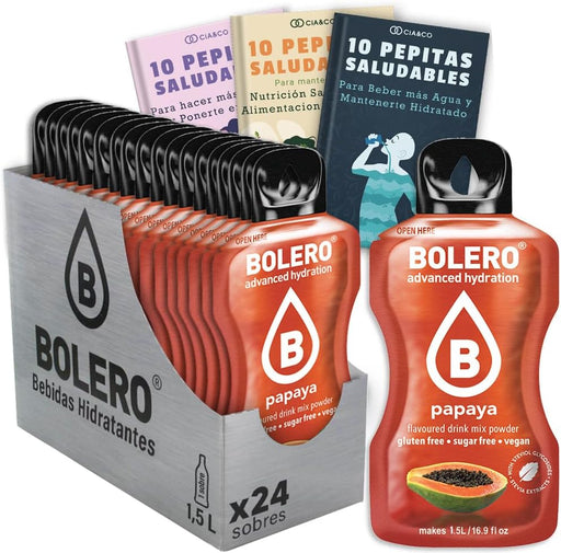 Bebida Bolero sabor Papaya, Pack 24 sobres (24x9g). Bebida en polvo sin azúcar con el sabor dulce y tropical de la papaya, enriquecida con Vitamina C y Stevia. Cia&Co - frontal
