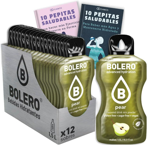 Bebida Bolero sabor Pera, Pack 12 sobres (12x9 grs). Bebida en polvo para una hidratación saludable y deliciosa sin azúcar, con Stevia y Vitamina C. Cia&Co - frontal