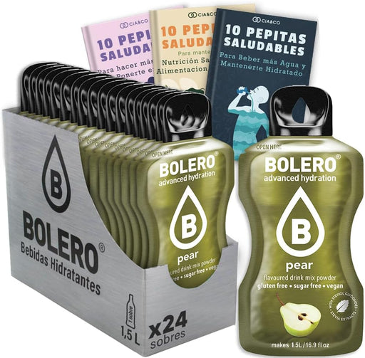 Bebida Bolero sabor Pera, Pack 24 sobres (24x9g). Bebida en polvo sin azúcar con el sabor dulce y jugoso de la pera, enriquecida con Vitamina C y Stevia. Cia&Co - frontal