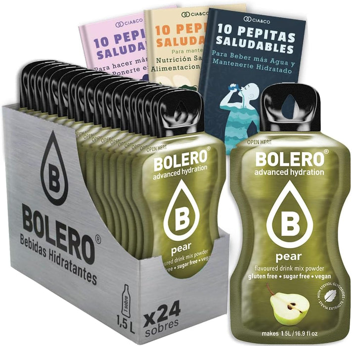 Bebida Bolero sabor Pera, Pack 24 sobres (24x9g). Bebida en polvo sin azúcar con el sabor dulce y jugoso de la pera, enriquecida con Vitamina C y Stevia. Cia&Co - frontal