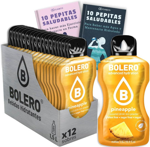 Bebida Bolero sabor Piña, Pack 12 sobres (12x9 grs). Bebida en polvo para una hidratación saludable con el sabor más tropical, sin azúcar y con Vitamina C. Cia&Co - frontal