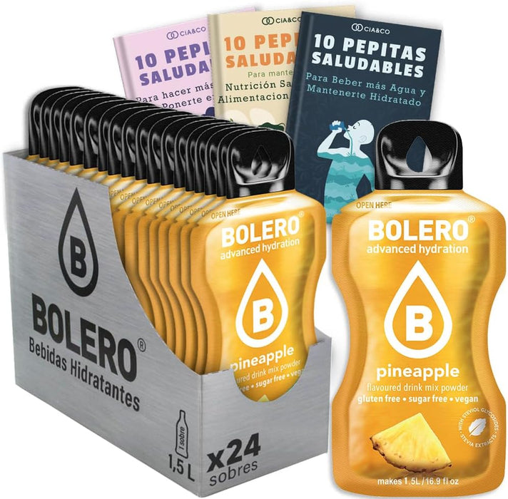 Bebida Bolero sabor Piña, Pack 24 sobres (24x9g). Bebida en polvo sin azúcar con un refrescante sabor tropical, enriquecida con Vitamina C y Stevia. Cia&Co - frontal