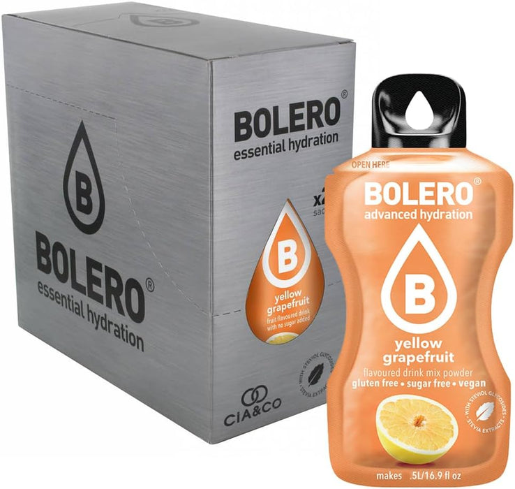 Bebida Bolero sabor Pomelo Amarillo, Pack 24 sobres (24x9g). Bebida en polvo sin azúcar con el sabor cítrico y amargo del pomelo, rica en Vitamina C y Stevia. Cia&Co - extra