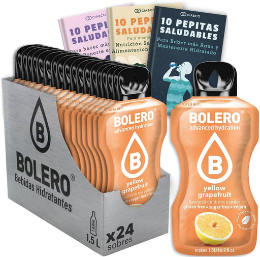 Bebida Bolero sabor Pomelo Amarillo, Pack 24 sobres (24x9g). Bebida en polvo sin azúcar con el sabor cítrico y amargo del pomelo, rica en Vitamina C y Stevia. Cia&Co - frontal