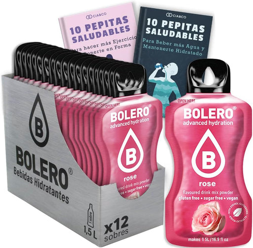 Bebida Bolero sabor Rosa, Pack 12 sobres (12x9 grs). Bebida en polvo para una hidratación saludable con un delicado sabor floral, sin azúcar y con Vitamina C. Cia&Co - frontal