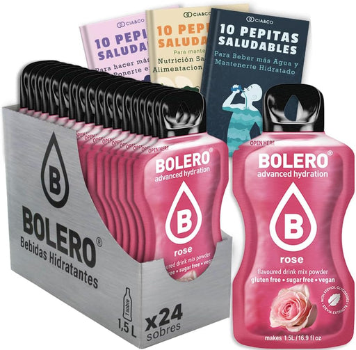 Bebida Bolero sabor Rosa, Pack 24 sobres (24x9g). Bebida en polvo sin azúcar con un delicado sabor floral, enriquecida con Vitamina C y Stevia. Cia&Co - frontal