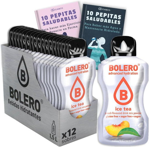 Bebida Bolero sabor Té Helado de Melocotón, Pack 12 sobres (12x9 grs). Hidratación sin azúcar con el sabor clásico del té de melocotón, con Stevia y Vitamina C. Cia&Co - frontal