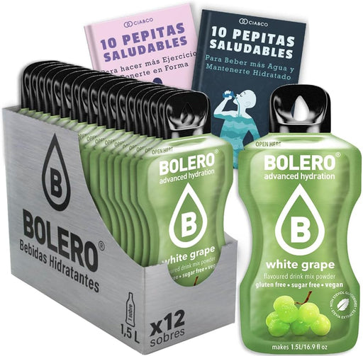 Bebida Bolero sabor Uva Blanca, Pack 12 sobres (12x9 grs). Bebida en polvo para una hidratación saludable con el dulce sabor del mosto, sin azúcar y con Vitamina C. Cia&Co - frontal