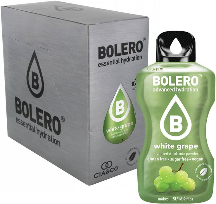 Bebida Bolero sabor Uva Blanca, Pack 24 sobres (24x9g). Bebida en polvo sin azúcar con el sabor dulce y afrutado de la uva blanca, rica en Vitamina C y Stevia. Cia&Co - extra